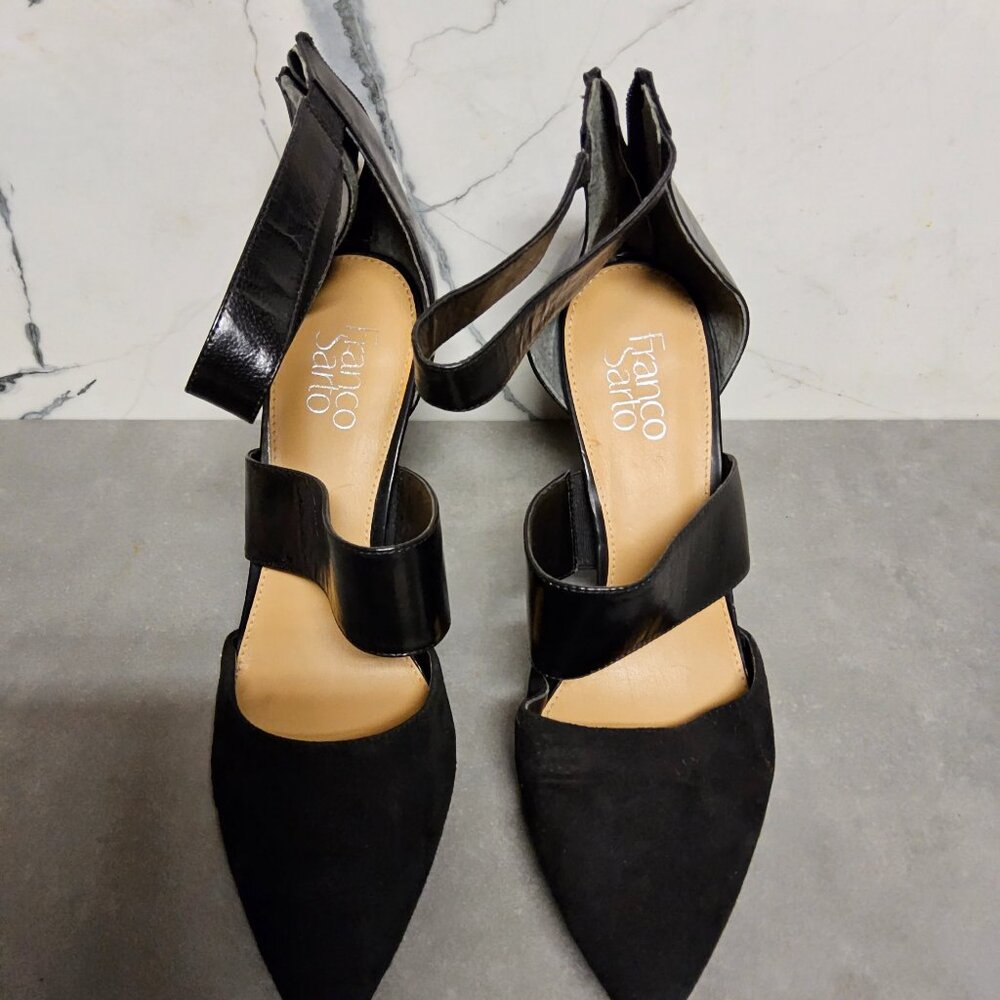 Franco Sarto Size 10 black strap suede heels pre-owned  $14